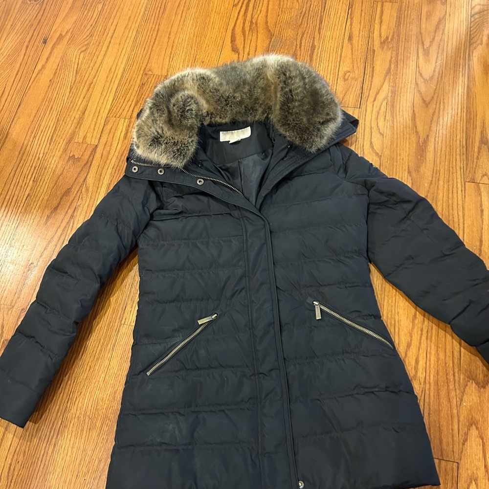 Michael Kors Dark Puffer Coat with Faux Fur Collar